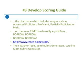 17
	
  	
  	
  #3	
  Develop	
  Scoring	
  Guide	
  
•  …the	
  chart	
  type	
  which	
  includes	
  ranges	
  such	
  as	
  
Advanced	
  Proﬁcient,	
  Proﬁcient,	
  Par=ally	
  Proﬁcient	
  or	
  
Basic.	
  
•  …or…because	
  TIME is eternally a problem,,,	
  
BORROW,	
  BORROW,	
  
•  BORROW,	
  BORROW!	
  
•  h:p://www.teach-­‐nology.com/	
  
•  Then	
  Teacher	
  Tools,	
  go	
  to	
  Rubric	
  Generators,	
  scroll	
  to	
  
Math	
  Rubric	
  Generator.	
  
 