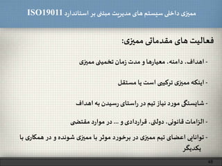 ‫د‬‫ر‬‫استاندا‬ ‫بر‬ ‫مبتنی‬ ‫مدیریت‬‫های‬ ‫سیستم‬ ‫داخلی‬ ‫ی‬‫ممیز‬ISO19011
‫فعالیت‬‫های‬‫مقدماتی‬‫ی‬‫ممیز‬:
48
-،‫اهداف‬،‫دامنه‬‫ها‬‫ر‬‫معیا‬‫و‬‫مدت‬‫مان‬‫ز‬‫تخمینی‬‫ی‬‫ممیز‬
-‫اینکه‬‫ی‬‫ممیز‬‫ترکیبی‬‫است‬‫یا‬‫مستقل‬
-‫شایستگی‬‫د‬‫ر‬‫مو‬‫نیاز‬‫تیم‬‫در‬‫استای‬‫ر‬‫سیدن‬‫ر‬‫به‬‫اهداف‬
-‫امات‬‫ز‬‫ال‬،‫قانونی‬،‫دولتی‬‫دادی‬‫ر‬‫ا‬‫ر‬‫ق‬‫و‬...‫در‬‫د‬‫ر‬‫موا‬‫ی‬ ‫مقتض‬
-‫توانایی‬‫اعضای‬‫تیم‬‫ی‬‫ممیز‬‫در‬‫د‬‫ر‬‫برخو‬‫موثر‬‫با‬‫ی‬‫ممیز‬‫شونده‬‫و‬‫در‬‫همک‬‫ی‬‫ار‬‫با‬
‫یکدیگر‬
 