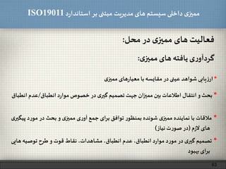 ‫د‬‫ر‬‫استاندا‬ ‫بر‬ ‫مبتنی‬ ‫مدیریت‬‫های‬ ‫سیستم‬ ‫داخلی‬ ‫ی‬‫ممیز‬ISO19011
‫ی‬‫ر‬‫گردآو‬‫یافته‬‫های‬‫ی‬‫ممیز‬:
63
*‫یابی‬‫ز‬‫ار‬‫شواهد‬‫عینی‬‫در‬‫مقایسه‬‫با‬‫های‬‫ر‬‫معیا‬‫ی‬‫ممیز‬
*‫بحث‬‫و‬‫انتقال‬‫اطالعات‬‫بین‬‫ممیزان‬‫جهت‬‫تصمیم‬‫ی‬‫گیر‬‫در‬‫خصوص‬‫د‬‫ر‬‫موا‬‫انطباق‬/‫عدم‬‫ا‬‫نطباق‬
*‫مالقات‬‫با‬‫نماینده‬‫ی‬‫ممیز‬‫شونده‬‫ر‬‫بمنظو‬‫توافق‬‫برای‬‫جمع‬‫ی‬‫ر‬‫آو‬‫ی‬‫ممیز‬‫و‬‫بحث‬‫در‬‫د‬‫ر‬‫مو‬‫پ‬‫ی‬‫یگیر‬
‫های‬‫م‬‫ز‬‫ل‬(‫در‬‫ت‬‫ر‬‫صو‬‫نیاز‬)
*‫تصمیم‬‫ی‬‫گیر‬‫در‬‫د‬‫ر‬‫مو‬‫د‬‫ر‬‫موا‬،‫انطباق‬‫عدم‬،‫انطباق‬،‫مشاهدات‬‫نقاط‬‫قوت‬‫و‬‫طرح‬‫توصیه‬‫ه‬‫ایی‬
‫برای‬‫بهبود‬
‫فعالیت‬‫های‬‫ی‬‫ممیز‬‫در‬‫محل‬:
 