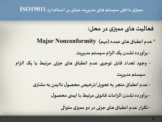 ‫د‬‫ر‬‫استاندا‬ ‫بر‬ ‫مبتنی‬ ‫مدیریت‬‫های‬ ‫سیستم‬ ‫داخلی‬ ‫ی‬‫ممیز‬ISO19011
65
*‫عدم‬‫انطباق‬‫های‬‫عمده‬(‫مهم‬)Major Nonconformity
‫فعالیت‬‫های‬‫ی‬‫ممیز‬‫در‬‫محل‬:
-‫تکرار‬‫عدم‬‫انطباق‬‫های‬‫جزئی‬‫در‬‫دو‬‫ی‬‫ممیز‬‫متوالی‬
-‫ده‬‫ر‬‫آو‬‫ر‬‫ب‬‫نشدن‬‫یک‬‫ام‬‫ز‬‫ال‬‫سیستم‬‫مدیریت‬
-‫وجود‬‫تعداد‬‫قابل‬‫توجهی‬‫عدم‬‫انطباق‬‫های‬‫جزئی‬‫مرتبط‬‫با‬‫یک‬‫ام‬‫ز‬‫ال‬
‫سیستم‬‫مدیریت‬
-‫عدم‬‫انطباق‬‫منجر‬‫به‬‫تحویل‬/‫ترخیص‬‫ل‬‫محصو‬‫ناایمن‬‫به‬‫ی‬‫مشتر‬
-‫ده‬‫ر‬‫آو‬‫ر‬‫ب‬‫نشدن‬‫امات‬‫ز‬‫ال‬‫قانونی‬‫مرتبط‬‫با‬‫ایمنی‬‫ل‬‫محصو‬
 