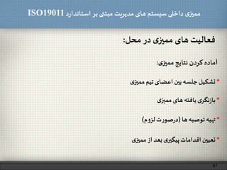 ‫د‬‫ر‬‫استاندا‬ ‫بر‬ ‫مبتنی‬ ‫مدیریت‬‫های‬ ‫سیستم‬ ‫داخلی‬ ‫ی‬‫ممیز‬ISO19011
67
‫فعالیت‬‫های‬‫ی‬‫ممیز‬‫در‬‫محل‬:
‫آماده‬‫کردن‬‫نتایج‬‫ی‬‫ممیز‬:
*‫ی‬‫نگر‬‫ز‬‫با‬‫یافته‬‫های‬‫ی‬‫ممیز‬
*‫تشکیل‬‫جلسه‬‫بین‬‫اعضای‬‫تیم‬‫ی‬‫ممیز‬
*‫تهیه‬‫توصیه‬‫ها‬(‫ت‬‫ر‬‫صو‬‫ر‬‫د‬‫م‬‫و‬‫لز‬)
*‫تعیین‬‫اقدامات‬‫ی‬‫پیگیر‬‫بعد‬‫از‬‫ی‬‫ممیز‬
 