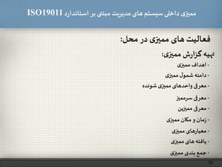 ‫د‬‫ر‬‫استاندا‬ ‫بر‬ ‫مبتنی‬ ‫مدیریت‬‫های‬ ‫سیستم‬ ‫داخلی‬ ‫ی‬‫ممیز‬ISO19011
70
‫فعالیت‬‫های‬‫ی‬‫ممیز‬‫در‬‫محل‬:
‫تهیه‬‫ش‬‫ر‬‫گزا‬‫ی‬‫ممیز‬:
-‫اهداف‬‫ی‬‫ممیز‬
-‫دامنه‬‫ل‬‫شمو‬‫ی‬‫ممیز‬
-‫معرفی‬‫واحدهای‬‫ی‬‫ممیز‬‫شونده‬
-‫معرفی‬‫سرممیز‬
-‫معرفی‬‫ممیزین‬
-‫مان‬‫ز‬‫و‬‫مکان‬‫ی‬‫ممیز‬
-‫های‬‫ر‬‫معیا‬‫ی‬‫ممیز‬
-‫یافته‬‫های‬‫ی‬‫ممیز‬
-‫جمع‬‫بندی‬‫ی‬‫ممیز‬
 