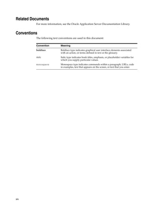 Related Documents
          For more information, see the Oracle Application Server Documentation Library.


Conventions
          The following text conventions are used in this document:

          Convention          Meaning
          boldface            Boldface type indicates graphical user interface elements associated
                              with an action, or terms defined in text or the glossary.
          italic              Italic type indicates book titles, emphasis, or placeholder variables for
                              which you supply particular values.
          monospace           Monospace type indicates commands within a paragraph, URLs, code
                              in examples, text that appears on the screen, or text that you enter.




xiv
 