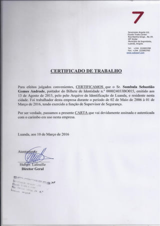 Certificado trabalho Sevenseas Angola