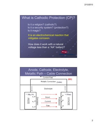 2/13/2013
2
Is it a religion? (catholic?)
Is it a security system? (protection?)
Is it magic?
What is Cathodic Protection (CP)?
It is an electrochemical reaction that
mitigates corrosion.
How does it work with a natural
voltage less than a “AA” battery?
Anode, Cathode, Electrolyte,
Metallic Path – Cable Connection
“+”(Pipe)
(Cable)
“-” (Mg, Zn)
Corrosion
Protection
(DC)
 