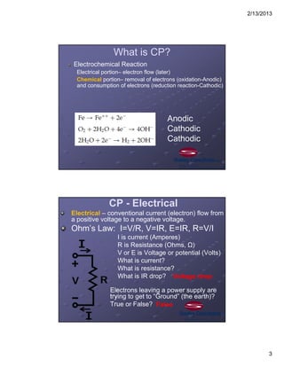 2/13/2013
3
What is CP?
Electrochemical Reaction
Electrical portion– electron flow (later)
Chemical portion– removal of electrons (oxidation-Anodic)
and consumption of electrons (reduction reaction-Cathodic)
Anodic
Cathodic
Cathodic
CP - Electrical
Electrical – conventional current (electron) flow from
a positive voltage to a negative voltage.
Ohm’s Law: I=V/R, V=IR, E=IR, R=V/I
I is current (Amperes)
R is Resistance (Ohms, Ω)
V or E is Voltage or potential (Volts)
What is current?
What is resistance?
What is IR drop?
Electrons leaving a power supply are
trying to get to “Ground” (the earth)?
True or False?
Voltage drop
False
 