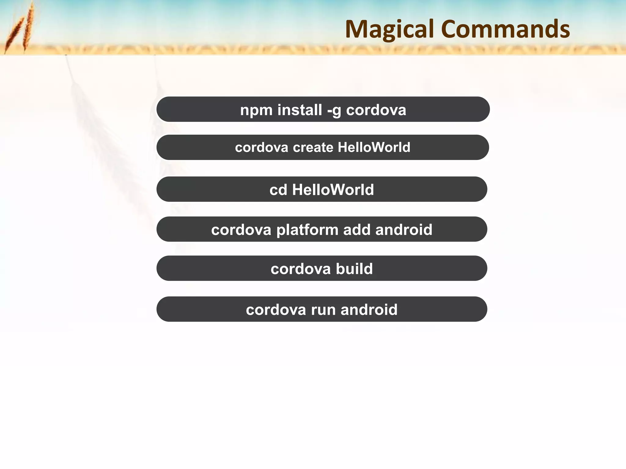 Magical Commands
npm install -g cordova
cordova create HelloWorld
cd HelloWorld
cordova platform add android
cordova build
cordova run android
 