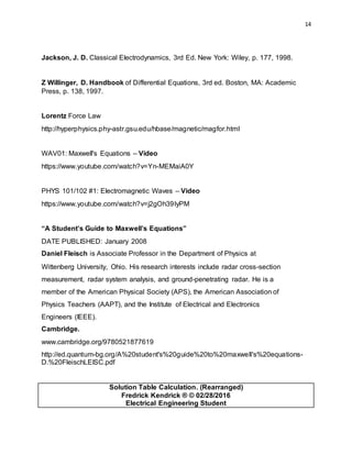 14
Jackson, J. D. Classical Electrodynamics, 3rd Ed. New York: Wiley, p. 177, 1998.
Z Willinger, D. Handbook of Differential Equations, 3rd ed. Boston, MA: Academic
Press, p. 138, 1997.
Lorentz Force Law
http://hyperphysics.phy-astr.gsu.edu/hbase/magnetic/magfor.html
WAV01: Maxwell's Equations – Video
https://www.youtube.com/watch?v=Yn-MEMaiA0Y
PHYS 101/102 #1: Electromagnetic Waves – Video
https://www.youtube.com/watch?v=j2gOh39IyPM
“A Student’s Guide to Maxwell’s Equations”
DATE PUBLISHED: January 2008
Daniel Fleisch is Associate Professor in the Department of Physics at
Wittenberg University, Ohio. His research interests include radar cross-section
measurement, radar system analysis, and ground-penetrating radar. He is a
member of the American Physical Society (APS), the American Association of
Physics Teachers (AAPT), and the Institute of Electrical and Electronics
Engineers (IEEE).
Cambridge.
www.cambridge.org/9780521877619
http://ed.quantum-bg.org/A%20student's%20guide%20to%20maxwell's%20equations-
D.%20FleischLEISC.pdf
Solution Table Calculation. (Rearranged)
Fredrick Kendrick ® © 02/28/2016
Electrical Engineering Student
 