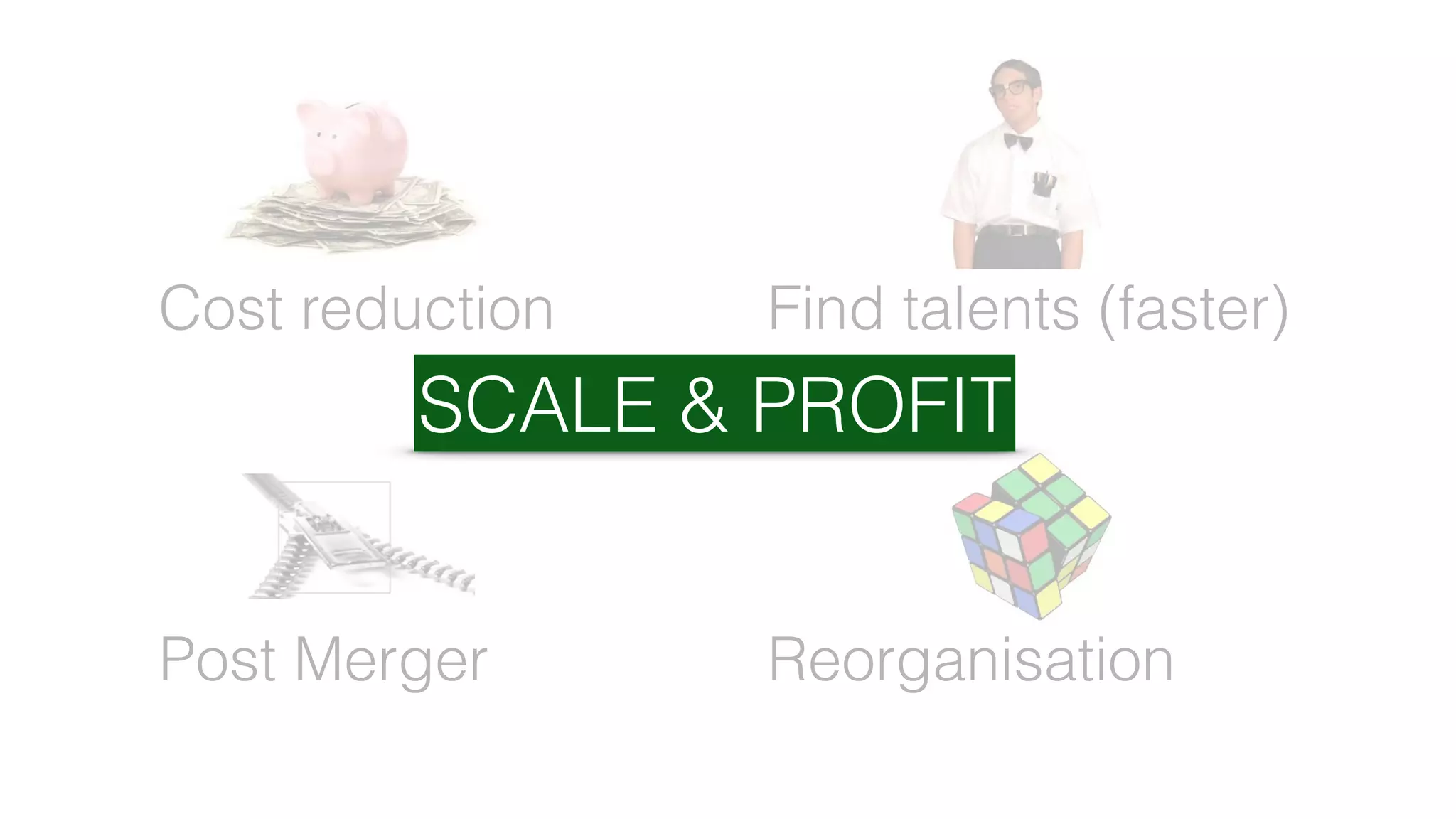 Cost reduction Find talents (faster)
Post Merger Reorganisation
SCALE & PROFIT
 