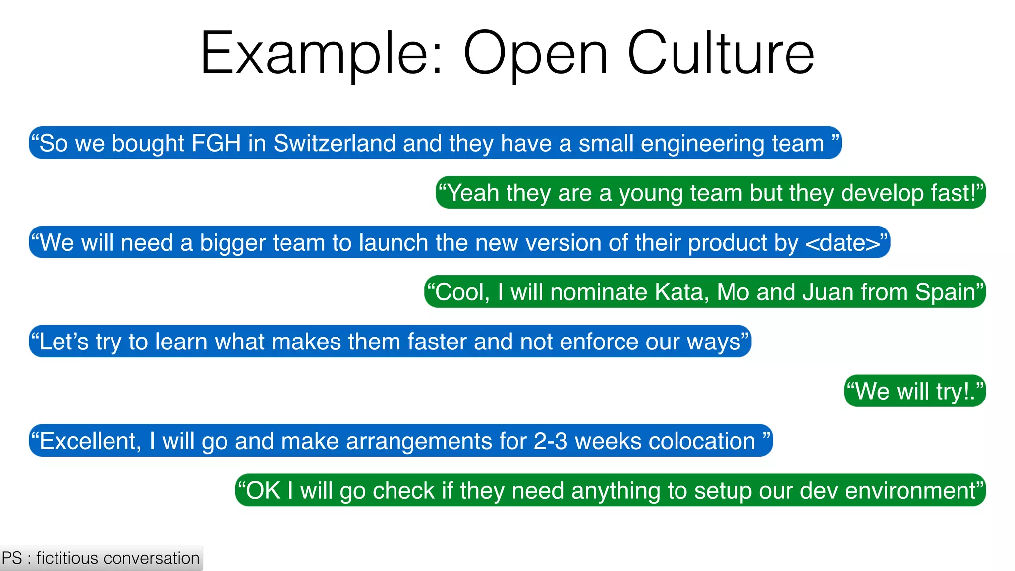 Example: Open Culture
“So we bought FGH in Switzerland and they have a small engineering team ”
“Yeah they are a young team but they develop fast!”
“We will need a bigger team to launch the new version of their product by <date>”
“Cool, I will nominate Kata, Mo and Juan from Spain”
“Let’s try to learn what makes them faster and not enforce our ways”
“We will try!.”
“Excellent, I will go and make arrangements for 2-3 weeks colocation ”
“OK I will go check if they need anything to setup our dev environment”
PS : ﬁctitious conversation
 