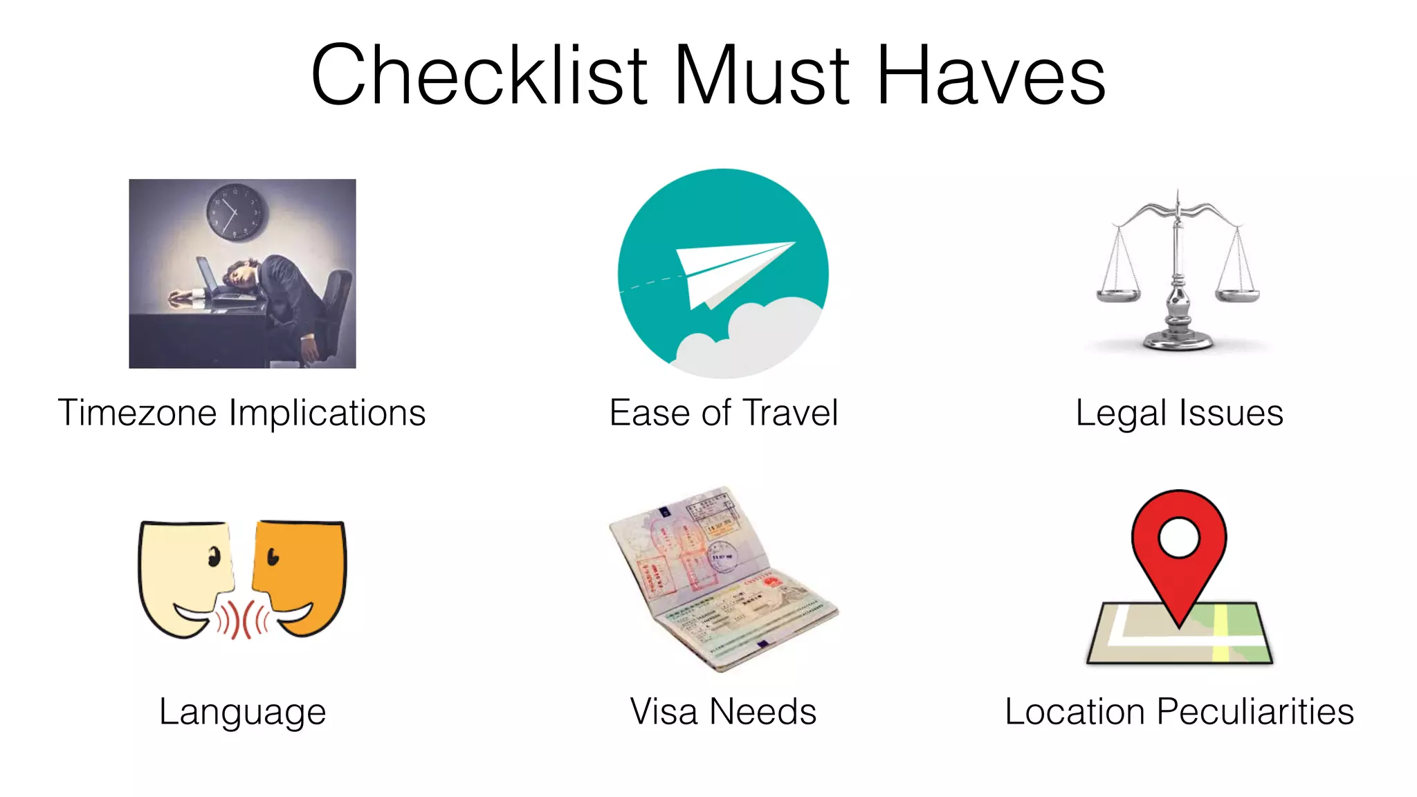 Checklist Must Haves
Language
Timezone Implications Legal Issues
Visa Needs
Ease of Travel
Location Peculiarities
 