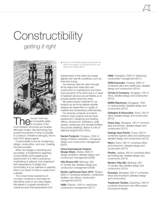 The
human mind has
an immediate ability
to conceive of the
most fantastic structures and shapes.
Although modern day technology has
pushed boundaries of what is possible
to construct, limitations still apply. And to
that CFOs always agree!
Constructibility is the art of balancing
design, construction, and cost. Creating
the best possible.
When we engage in sketching and
pre-design, considerations regarding
constructibility and budgeting are
predominant. It is often a precarious
undertaking to balance cost projections
with expectations of design and
functionality. It is our hallmark to patiently
inform our clients of what to expect from
a design.
The consummate experience of
our team constitute a solid basis for
estimating costs at very early stages.
We believe it is greatly beneficial to
overall success that expectations and
requirements of the client are closely
aligned with real life conditions, such as
time and money.
Our services take the client through
all the steps from initial idea over
construction to maintenance and future
improvements. If the client only is in need
of selected services we are flexible as to
provide exactly what they need.
We select proper materials for our
projects as we firmly believe durable
designs are dependent on quality of
material and outstanding craftsmanship.
Our services comprise of small to
medium sized projects and we have
experience in designing and building
offices, showrooms, exhibitions, retail
spaces, warehouse and storage facilities,
and private dwellings. Below is a list of
selected projects from China:
Danish Footprint, Hongkou: 2500 m2
design & fashion exhibition; conceptual
design and construction management
(2007)
China International Creative
Design Week, Zhabei: 3000 m2
design exhibition; detailed design and
construction management (2008)
Villa Riviera #29, Minhang: 500
m2
private villa; detailed design and
construction management (2009)
Nordic Lighthouse Expo 2010, Yangpu:
5000 m2
combined exhibition, conference
facilities, and ofiices; construction
management (2010)
H&M, Chendu: 1500 m2
retail shop;
construction management (2011)
Avoid in-constructible designs and projects that
overrun the budget. Our experienced team can
optimise all invested efforts.
p
Constructibility
getting it right
H&M, Changsha: 2500 m2
retail shop;
construction management (2011)
OEM Automatic, Pudong: 3800 m2
combined ofiice and warehouse; detailed
design and construction (2012)
Christy & Company, Hongqiao: 150 m2
ofiice; detailed design and construction
(2012)
EMBA Machinery, Songjiang: 1000
m2
testing facility; detailed design and
construction (2012)
Gallagher & Associates, Xuhui: 350 m2
ofiice; detailed design and construction
(2012)
Ossür Asia, Shanghai: 150 m2
common
area and kitchen; detailed design and
construction (2012)
Getinge Asia-Pacific, Putuo: 500 m2
combined logistics ofiice and warehouse;
detailed design and construction (2013)
Nilorn, Xuhui: 350 m2
combined ofiice
and showroom; detailed design and
construction (2014)
Predire, Jiading: 450 m2
combined ofiice
and testing lab; detailed design and
construction (2014)
Modern Villa #62, Minhang: 450
m2
private villa; detailed design and
construction (2014)
Kinnarps, Shanghai: 400 m2
combined
ofiice and showroom (detailed design
and construction)
Trademark Textiles, Quanzhou: 350 m2
combined showroom and office space
(conceptual design)
 