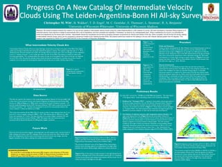 Christopher M. Witt1
, B. Wakker2
, T. D. Engel1
, M. C. Gostisha1
, E. Thomson1
, L. Stratman1
, R. A. Benjamin1
1
University of Wisconsin-Whitewater, 2
University of Wisconsin-Madison.
Abstract: We present progress towards the creation of a new all-sky catalog of intermediate velocity clouds using the Leiden/Argentina/Bonn (LAB) Galactic HI survey. We have developed a Gaussian fitting program to fit
individual spectra. Each spectra is initially fit automatically with a set of Gaussians, and then reviewed and adjusted, if necessary, by hand by our undergraduate team. When a satisfactory fit is found, it is submitted for
review and adjustment by the senior team member. Intermediate clouds and complexes are formed by grouping Gaussian components by velocity and section of the sky. When complete, this will be the first all-sky catalog
of intermediate velocity clouds, which can be compared to dynamical models of the Galactic fountain flows. We present preliminary results for the catalog in the sky with Galactic latitude greater than 45 degrees. This
research was supported by NASA ATP grant NNX10AI70G to the University of Wisconsin-Whitewater.
ACKNOWLEDGEMENTS
We would like to acknowledge the Astronomy REU program at the University of Wisconsin
Madison for its support during the summer of 2009, to National Science Foundation and the
NASA ATP grant NNX10AI70G given to the University of Wisconsin-Whitewater.
The data set used for this research is the Leiden/Argentine/Bonn Galactic H I Survey (LAB). LAB
is the union of two previous surveys: the Instituto Argentino de Radioastronomía Survey (IAR:
Arnal et al. 2000 and Bajaja et al. 2005) which covered the sky south of Galactic Latitude = -25°
and the Leiden/Dwingeloo Survey (LDS: Hartmann & Burton 1997) which covered the sky north
of Galactic Latitude = -30°. The data was processed to correct for instrumental artifacts, like
"stray radiation", in Bonn by Kalberla et al 2005.
This is the most sensitive all-sky Milky Way H I survey to date. It maps emission from the 21 cm
line of H I. It has an angular resolution HPBW ~ 0.6°, LSR velocity span of -400 km/s to +400
km/s, and resolution of 1.3 km/s. This data will allow us to create a higher resolution IVC and
HVC map than previous surveys (Wakker 1999). We expect that new clouds and cloud
structure will be discovered because of LABs greater angular resolution.
Data Source
What Intermediate Velocity Clouds Are
Intermediate Velocity Clouds (IVCs) are large Hydrogen clouds above and below the plane of the Milky Way Galaxy
which are moving at velocities that cannot be explained by galactic rotation. The velocity range they span is +/- 30 to
90 [km/s] from the local standard rest (LSR), the average velocity of nearby stars. IVCs are thought to have originated
from in a “Galactic Fountain”. In this model, gas within the disk of the Milky Way Galaxy is heated by supernovae
forming superbubbles. The resulting bubble then ejects hot gas out of the galactic disk. Some of this gas can fragment
to form IVCs. Over the past few decades these clouds have grown something of a curiosity into an area of active
research. It is in the spirit of continuing this research that we set out to create a full sky map of IVCs.
Figure 3. A spectra
containing two components
of Intermediate Velocity
Gas.Intermediate
Velocity
Cloud’s
LSR velocity [km/s]
Antenna
Temperature
Figure 1. The
initial automated
fit. Data is
shown in black,
the individual
gaussians in blue,
and the
combined
spectrum in red.
Figure 2. The
same spectra as
figure 1 but
corrected.
Note the faint
component
centered at
v=-102 km/s
which was
missed by the
automated fit.
Computer Fit
Peaks and Gaussians
Using a program developed by Dr. Bart Wakker we are fitting Gaussian curves to
the LAB survey in order to break each spectrum up into individual velocity
delimited clumps of gas. In Figure 3 is an example of a LAB spectrum fitted by
Gaussian curves. Along the x-axis is the LSR velocity [km/s] of the gas and along
the y-axis is the antenna temperature which represents energy flux. Each peak
corresponds to a clump of gas moving at a given velocity. In Figure 3 two such
bumps have been marked. They are Intermediate Velocity Clouds because they
fall within the range vLSR= -30 to -90 km/s.
Human Involvement
Each spectrum is fit individually, by hand. One may ask why we have not
automated the entire process. The difficulty lies in the computer estimates. No
matter how intelligent we make our Gaussian fitting program, it inevitably
encounters spectra it is unable to fit. Some areas of the sky have distinct peaks
which the program easily picks up. Other areas have broad peaks that fit poorly,
blended peaks, or small peaks at large velocities which the program misses
completely. Often the program will even create fits that perfectly follow the
spectrum but don't make physical sense. It is due to these difficulties that we
look at each spectrum individually.
Procedure
Future Work
Once the entire sky has been mapped and categorized, we will compare what we have found to
older catalogs and create a new IVC catalogue which covers the entire sky. New clouds will be
given new designations and the names of previously discovered clouds may change since the
angular resolution of the data is making more subtle structure visible.
Preliminary Results
As of Jan 2011 we have fit ~ 45 000 out of 203 000 total positions. The maps shown
in the figures below. Some interesting results so far include the following:
1. Evidence for “Compact IVCs”. In general, intermediate velocity gas tends to
be found in large associations, like the two features discussed below. However,
we have found a few clear examples of small, isolated clouds at intermediate
velocities, two of which are shown in Figure 4. These objects may be analogous
to “Compact HVCs” but with projected space velocities not large enough to be
identified in previous analyses, or they may be small scale local features.
2. Correlation of velocity extrema with integrated column density in the
large scale Pegasus-Pisces Arch (Figure 5) and the Intermediate Velocity Arch
(Figure 6). We find a correlation between the HI column density and location of
the most extreme velocity peaks. In certain locations, structure found in column
density is adjacent to structure found in velocity peaks. This will constrain
models for the origin of these two features. Detection of intermediate velocity
interstellar absorption towards the central concentration (L=85, b=-37) in the
Pegasus-Pisces arch indicates this gas is closer than 1.1 kpc. Absorption line
studies along the IV arch indicate a distance range of 0.4-2.4 kpc (Wakker 2001).
Figure 6 Integrated column densities of HI at V=-80 to -30 km/s
[upper], and map of the velocity of peak emission [lower] for the
Intermediate Velocity Arch (Kuntz & Danly 1996).
The structure arcing from (l,b)=(100,40) to (160,70) to (220,40) is
the Intermediate Velocity Arch. Note the general correlation
between the column density field and the velocity field. However
the section with the sharpest divergence in the velocity field
(narrow ellipse) is offset to the edge of the column density
maximum (wider ellipse).
Figure 5 Integrated column densities of HI at V=-80 to -30 km/s
[upper], and map of the velocity of peak emission [lower] for the
Pegasus-Pisces Intermediate Velocity Arch (Wakker 2001).
The structure indicated is part of the Pegasus-Pisces intermediate
velocity cloud, showing a general correspondence, but slight offset
between the column density (larger ellipse) and velocity extremes.
Figure 4 Map of the velocity of peak emission in the high-latitude fourth
quadrant. Although much of the intermediate velocity gas is in complexes,
we have found several small isolated intermediate velocity clouds, two of
which are noted in the figure to the right.
 