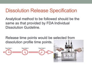 Dissolution Release Specification
Analytical method to be followed should be the
same as that provided by FDA Individual
Dissolution Guideline.
Release time points would be selected from
dissolution profile time points.
 