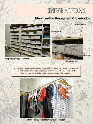 Merchandise Storage and Organization
A business can only operate smoothly with organized storage space. Keeping
the backroom and closet organized and knowing where to find what
merchandise allowed for more time spent with the customer.
Sunglasses Storage - Backroom
Designer/Vendor
Style Number
Season/Year
Quantity in Box
Men’s T-shirts, Vests and Swimwear – Backroom
 