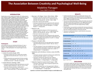  
The	
  Associa+on	
  Between	
  Crea+vity	
  and	
  Psychological	
  Well-­‐Being	
  	
  
Madeline	
  Flanagan	
  
Texas	
  A&M	
  University	
  
	
  
INTRODUCTION	
  	
  
People	
  who	
  are	
  more	
  crea<ve	
  may	
  be	
  be>er	
  oﬀ.	
  Exis<ng	
  research	
  
links	
  crea<vity	
  to	
  higher	
  intelligence,	
  certain	
  personality	
  traits,	
  and	
  
be>er	
  coping	
  abili<es.	
  Crea<ve	
  individuals	
  are	
  be>er	
  at	
  problem	
  
solving	
  and	
  have	
  a	
  more	
  posi<ve	
  percep<on	
  of	
  frustra<ng	
  
situa<ons	
  (Falat,	
  2000).	
  Kimport	
  and	
  Robbins	
  (2012)	
  found	
  that	
  
crea<vity	
  reduces	
  nega<ve	
  mood	
  states.	
  Amabile	
  et	
  al.	
  (2005)	
  
measured	
  the	
  posi<ve	
  aﬀect	
  of	
  crea<vity	
  measured	
  by	
  happiness	
  
and	
  sa<sfac<on	
  with	
  each	
  day	
  at	
  the	
  workplace.	
  They	
  measured	
  
crea<vity	
  with	
  self-­‐assessed	
  crea<ve	
  thought	
  and	
  problem	
  solving	
  
and	
  crea<vity	
  by	
  peer	
  assessment.	
  Higher	
  posi<ve	
  aﬀect	
  was	
  found	
  
to	
  be	
  a	
  direct	
  consequence	
  of	
  crea<vity.	
  There	
  is	
  also	
  a	
  link	
  
between	
  crea<vity	
  and	
  intelligence	
  (Getzels	
  &	
  Jackson,	
  1962).	
  A	
  
study	
  on	
  crea<vity	
  and	
  personality	
  found	
  that	
  highly	
  crea<ve	
  
individuals	
  were	
  more	
  intelligent,	
  were	
  more	
  socially	
  bold,	
  were	
  
less	
  tense,	
  and	
  had	
  a	
  stronger	
  self-­‐sen<ment	
  than	
  less	
  crea<ve	
  
individuals	
  (Mallappa	
  &	
  Upadhyaya,	
  1977).	
  The	
  posi<ve	
  eﬀects	
  of	
  
crea<vity	
  on	
  everyday	
  life	
  were	
  a	
  recurring	
  theme	
  in	
  literature.	
  	
  	
  	
  
The	
  purpose	
  of	
  the	
  study	
  was	
  to	
  inves<gate	
  the	
  rela<onship	
  
between	
  crea<vity	
  measured	
  by	
  crea<ve	
  personality	
  and	
  crea<ve	
  
behavior	
  and	
  diﬀerent	
  aspects	
  of	
  psychological	
  well-­‐being	
  
including	
  meaning	
  and	
  pleasure	
  in	
  life,	
  purpose	
  in	
  life,	
  sa<sfac<on	
  
with	
  life,	
  and	
  happiness.	
  
Ques+ons	
  or	
  comments?	
  Contact	
  Madeline	
  Flanagan	
  at	
  mmf6119@tamu.edu	
  
STUDY	
  
Par+cipants	
  
One	
  hundred	
  and	
  sixty-­‐one	
  individuals	
  (92	
  female,	
  67	
  male,	
  2	
  
female	
  to	
  male	
  transgender)	
  from	
  18	
  to	
  23	
  years	
  of	
  age	
  	
  (M	
  =	
  
18.89,	
  SD	
  =	
  0.981)	
  par<cipated	
  in	
  the	
  study	
  through	
  an	
  online	
  
survey.	
  
	
  
Materials	
  and	
  Procedure	
  	
  
•  Crea<ve	
  Personality	
  (Gough,	
  1979)	
  
•  Par<cipants	
  indicate	
  how	
  much	
  crea<ve	
  and	
  uncrea<ve	
  
personality	
  traits	
  describe	
  them	
  (M	
  =	
  4.32,	
  SD	
  =	
  0.45,	
  α	
  =	
  
0.67).	
  
•  Crea<ve	
  personality	
  was	
  assessed	
  with	
  30	
  items	
  including	
  
“insigh^ul,”	
  “unconven<onal,”	
  and	
  “resourceful”	
  (1	
  =	
  does	
  
not	
  describe	
  me	
  at	
  all;	
  7	
  =	
  describes	
  me	
  very	
  well).	
  	
  
•  Crea<ve	
  Behaviors	
  (Dollinger,	
  2003)	
  
•  Par<cipants	
  indicated	
  how	
  ocen	
  they	
  performed	
  a	
  list	
  of	
  28	
  
everyday	
  crea<ve	
  ac<vi<es	
  (M	
  =	
  2.06,	
  SD	
  =	
  0.53,	
  α	
  =	
  0.91).	
  	
  
•  There	
  were	
  28	
  items	
  (Examples:	
  “wri<ng	
  poems,”	
  
“sketching,”	
  and	
  “making	
  a	
  collage”)	
  (1	
  =	
  never,	
  2	
  =	
  once	
  or	
  
twice,	
  3	
  =	
  three	
  to	
  ﬁve	
  8mes,	
  4	
  =	
  more	
  than	
  ﬁve	
  8mes).	
  
•  Meaning	
  in	
  Life	
  (Steger,	
  Frazier,	
  Oishi,	
  &	
  Kaler,	
  2006)	
  
•  Par<cipants	
  rated	
  their	
  meaning	
  in	
  life	
  for	
  the	
  presence	
  of	
  
meaning	
  in	
  life	
  (M	
  =	
  4.74,	
  SD	
  =	
  1.23,	
  α	
  =	
  0.86)	
  and	
  search	
  for	
  
meaning	
  in	
  life	
  subscales	
  (M	
  =	
  4.63,	
  SD	
  =	
  1.38,	
  α	
  =	
  0.89).	
  
•  There	
  were	
  5	
  items	
  for	
  each	
  subscale.	
  
•  Par<cipants	
  indicated	
  their	
  level	
  of	
  agreement	
  with	
  statements	
  
such	
  as	
  “I	
  understand	
  my	
  life’s	
  meaning”	
  and	
  “I	
  am	
  looking	
  for	
  
something	
  that	
  makes	
  my	
  life	
  feel	
  meaningful”	
  (1	
  =	
  strongly	
  
disagree,	
  7	
  =	
  strongly	
  agree)	
  .	
  
•  Pleasure	
  in	
  Life	
  
•  Par<cipants	
  rated	
  their	
  pleasure	
  in	
  life	
  for	
  the	
  presence	
  of	
  
pleasure	
  in	
  life	
  (M	
  =	
  5.41,	
  SD	
  =	
  1.13,	
  ,	
  α	
  =	
  0.88)	
  and	
  search	
  for	
  
pleasure	
  in	
  life	
  subscales	
  (M	
  =	
  4.90,	
  SD	
  =	
  1.26,	
  α	
  =	
  0.89).	
  
•  There	
  were	
  5	
  items	
  for	
  each	
  subscale.	
  
•  Par<cipants	
  indicated	
  their	
  level	
  of	
  agreement	
  with	
  statements	
  
such	
  as	
  “I	
  have	
  a	
  good	
  sense	
  of	
  what	
  makes	
  my	
  life	
  pleasant”	
  and	
  
“I	
  am	
  always	
  looking	
  to	
  ﬁnd	
  enjoyment	
  in	
  my	
  life”	
  (1	
  =	
  strongly	
  
disagree,	
  7	
  =	
  strongly	
  agree).	
  
•  Purpose	
  in	
  Life	
  (Ryﬀ,	
  1995)	
  
•  Par<cipants	
  aﬃrmed	
  how	
  much	
  they	
  agreed	
  with	
  a	
  statement	
  
about	
  their	
  feeling	
  of	
  purpose	
  in	
  life	
  (M	
  =	
  4.86,	
  SD	
  =	
  0.94,	
  α	
  =	
  
0.71).	
  	
  
•  The	
  scale	
  consisted	
  of	
  7	
  items	
  and	
  included	
  items	
  such	
  as	
  “I	
  have	
  
a	
  sense	
  of	
  direc<on	
  and	
  purpose	
  in	
  my	
  life”	
  and	
  “I	
  enjoy	
  making	
  
plans	
  for	
  the	
  future	
  and	
  working	
  to	
  make	
  them	
  a	
  reality”	
  (1	
  =	
  
strongly	
  disagree,	
  7	
  =	
  strongly	
  agree).	
  
•  Sa<sfac<on	
  with	
  Life	
  (Diener,	
  Emmons,	
  Larson,	
  &	
  Griﬃn,	
  
1985)	
  
•  Par<cipants	
  were	
  given	
  statements	
  rela<ng	
  to	
  how	
  sa<sﬁed	
  they	
  
are	
  with	
  their	
  life	
  (M	
  =	
  4.80,	
  SD	
  =	
  1.21,	
  α	
  =	
  0.85).	
  
•  Par<cipants	
  indicated	
  their	
  agreement	
  with	
  5	
  diﬀerent	
  
statements	
  (e.g.,	
  “If	
  I	
  could	
  live	
  my	
  life	
  over	
  I	
  would	
  change	
  
almost	
  nothing”)	
  (1	
  =	
  strongly	
  disagree,	
  7	
  =	
  strongly	
  agree).	
  
•  Subjec<ve	
  Happiness	
  (Lyubormisky	
  &	
  Lepper,	
  1999)	
  
•  Par<cipants	
  indicated	
  their	
  level	
  of	
  subjec<ve	
  happiness	
  (M	
  =	
  
4.77,	
  SD	
  =	
  1.28,	
  α	
  =	
  0.82).	
  	
  
•  Par<cipants	
  revealed	
  how	
  much	
  they	
  agreed	
  with	
  4	
  diﬀerent	
  
statements	
  (e.g.,	
  “In	
  general,	
  I	
  consider	
  myself	
  a	
  happy	
  person”)	
  
(1	
  =	
  strongly	
  disagree,	
  7	
  =	
  strongly	
  agree).	
  
RESULTS	
  
•  Crea<ve	
  personality	
  was	
  posi<vely	
  correlated	
  with	
  meaning	
  in	
  life,	
  
pleasure	
  in	
  life,	
  purpose	
  in	
  life,	
  sa<sfac<on	
  with	
  life,	
  and	
  happiness,	
  
which	
  suggests	
  that	
  people	
  with	
  more	
  crea<ve	
  personality	
  traits	
  have	
  
be>er	
  overall	
  psychological	
  well-­‐being.	
  
•  There	
  was	
  no	
  rela<onship	
  between	
  crea<ve	
  personality	
  and	
  search	
  for	
  
meaning	
  in	
  life	
  and	
  search	
  for	
  pleasure	
  in	
  life,	
  sugges<ng	
  that	
  people	
  
with	
  more	
  crea<ve	
  personali<es	
  do	
  not	
  search	
  for	
  meaning	
  and	
  
pleasure	
  in	
  life	
  any	
  more	
  or	
  less	
  than	
  people	
  without	
  crea<ve	
  
personali<es	
  
•  Crea<ve	
  behavior	
  was	
  posi<vely	
  correlated	
  with	
  meaning	
  and	
  pleasure	
  
in	
  life,	
  which	
  suggests	
  that	
  people	
  that	
  perform	
  more	
  crea<ve	
  ac<vi<es	
  
ﬁnd	
  more	
  meaning	
  and	
  pleasure	
  in	
  their	
  day-­‐to-­‐day	
  life.	
  
•  There	
  was	
  no	
  rela<onship	
  between	
  crea<ve	
  behavior	
  and	
  purpose,	
  
sa<sfac<on,	
  and	
  happiness.	
  
	
  	
   Bivariate	
  Correla+ons	
  in	
  Study	
  I	
  
	
  	
   1	
   2	
   3	
   4	
   5	
   6	
   7	
   8	
   9	
  
1.	
  Crea+ve	
  Personality	
   -­‐	
   	
  	
   	
  	
   	
  	
   	
  	
   	
  	
   	
  	
   	
  	
   	
  	
  
2.	
  Crea+ve	
  Behaviors	
   	
  	
  	
  .04	
   -­‐	
   	
  	
   	
  	
   	
  	
   	
  	
   	
  	
   	
  	
   	
  	
  
3.	
  Presence	
  of	
  Meaning	
  	
   	
  	
  .39**	
   .16*	
  	
   -­‐	
   	
  	
   	
  	
   	
  	
   	
  	
   	
  	
   	
  	
  
4.	
  Search	
  for	
  Meaning	
   	
  	
  	
  -­‐.06	
   	
  -­‐.04	
   -­‐.03	
   -­‐	
   	
  	
   	
  	
   	
  	
   	
  	
   	
  	
  
5.	
  Presence	
  of	
  Pleasure	
   	
  	
  .45**	
   .18*	
   	
  .62**	
   	
  .26**	
   -­‐	
   	
  	
   	
  	
   	
  	
   	
  	
  
6.	
  Search	
  for	
  Pleasure	
   	
  	
  	
  .10	
   .07	
  	
   -­‐.03	
   .62**	
  	
  	
  .26**	
   -­‐	
   	
  	
   	
  	
   	
  	
  
7.	
  Purpose	
  in	
  Life	
   	
  	
  .32**	
   .05	
   .49**	
  	
   -­‐.19*	
   	
  .59**	
   .03	
   -­‐	
   	
  	
   	
  	
  
8.	
  Sa+sfac+on	
  with	
  life	
   	
  	
  .27**	
   .14	
   	
  .51**	
   -­‐.11	
   	
  .56**	
   .10	
   	
  0.37**	
   -­‐	
   	
  	
  
9.	
  Happiness	
   	
  	
  	
  .41**	
   	
  .12	
   .50**	
   	
  -­‐.16*	
   .56**	
   	
  	
  -­‐.02	
   .35**	
   .53**	
   -­‐	
  
Note.	
  *p	
  <	
  .05;	
  **p	
  <	
  .01.	
  
DISCUSSION	
  
In	
  conclusion,	
  people	
  that	
  have	
  more	
  crea<ve	
  personality	
  traits	
  are	
  
more	
  likely	
  to	
  live	
  meaningful,	
  pleasant,	
  sa<sfying,	
  and	
  happy	
  lives,	
  
and	
  individuals	
  that	
  perform	
  more	
  crea<ve	
  behaviors	
  are	
  more	
  likely	
  
to	
  experience	
  meaning	
  and	
  pleasure	
  in	
  their	
  lives.	
  The	
  results	
  of	
  the	
  
study	
  support	
  the	
  conclusion	
  that	
  there	
  is	
  a	
  link	
  between	
  crea<vity	
  
and	
  quality	
  of	
  life.	
  	
  
 