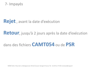 Rejet , avant la date d’exécution Retour, jusqu’à 2 jours après la date d’exécution dans des fichiers CAMT054 ou de PSR 
RXPAY SAS 2 Rue de la châtaigneraie 35510 Cesson-Sévigné France Tel : 02 99 12 79 05 Contact@rxpay.fr 
7- Impayés  
