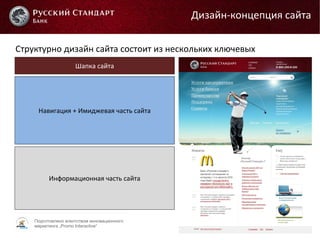 Подготовлено агентством инновационного
маркетинга „Promo Interactive“
Структурно дизайн сайта состоит из нескольких ключевых
элементов
Дизайн-концепция сайта
Шапка сайта
Навигация + Имиджевая часть сайта
Информационная часть сайта
 