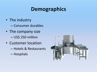 Demographics
• The industry
  – Consumer durables
• The company size
  – US$ 250 million
• Customer location
  – Hotels & Restaurants
  – Hospitals
 