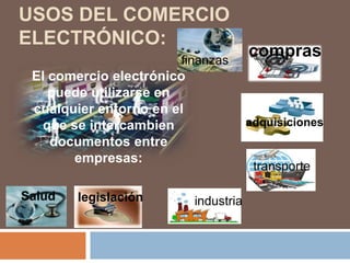 USOS DEL COMERCIO
ELECTRÓNICO:
finanzas

El comercio electrónico
puede utilizarse en
cualquier entorno en el
que se intercambien
documentos entre
empresas:
Salud

legislación

compras

adquisiciones

transporte
industria

 