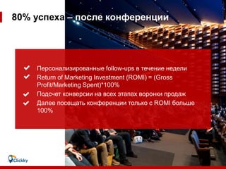 80% успеха – после конференции
Персонализированные follow-ups в течение недели
Return of Marketing Investment (ROMI) = (Gr...
