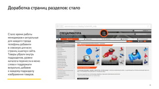 14
Стало: время работы
менеджеров и актуальные
для каждогогорода
телефоны добавили
в сквозную для всех
страниц «шапку» сайта.
Товары убрали внутрь
подразделов, уровни
каталога перенесли в меню
слева и поддержали
визуально, добавив
к каждому подразделу
изображения товаров.
specarmatura.ru/catalog/schetchiki_vody
Доработка страниц разделов: стало
 