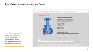 16
Было: одна фотография
товара, снизу длинный
список вариантов
комплектации, много
текста мелким шрифтом,
цена мелким шрифтом.
Доработка карточки товара: было
specarmatura.ru/catalog/zadvizhka_30nzh41nzh_ru_16/zadvizhka_30nzh41nzh_du_50
 