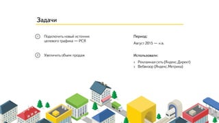 Период:
Использовали:
Август 2015 — н.в.
Подключить новый источник
целевого трафика — РСЯ
› Рекламная сеть (Яндекс.Директ)
› Вебвизор (Яндекс.Метрика)
Увеличить объем продаж
Задачи
 