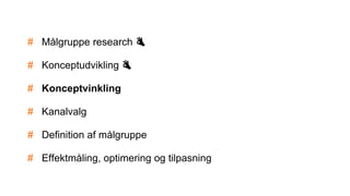 # Målgruppe research 👌
# Konceptudvikling 👌
# Konceptvinkling
# Kanalvalg
# Definition af målgruppe
# Effektmåling, optimering og tilpasning
 