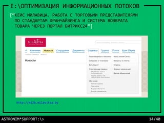 ASTRONIM*SUPPORT:> 14/40
E:ОПТИМИЗАЦИЯ ИНФОРМАЦИОННЫХ ПОТОКОВ
http://mi2b.milavitsa.by
[“КЕЙС МИЛАВИЦА. РАБОТА С ТОРГОВЫМИ ПРЕДСТАВИТЕЛЯМИ
ПО СТАНДАРТАМ ФРАНЧАЙЗИНГА И СИСТЕМА ВОЗВРАТА
ТОВАРА ЧЕРЕЗ ПОРТАЛ БИТРИКС24”]
 