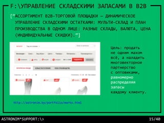 Цель: продать
не одним махом
всё, а наладить
многовекторное
партнерство
с оптовиками,
равномерно
распределяя
запасы
каждому клиенту.
ASTRONIM*SUPPORT:> 15/40
F:УПРАВЛЕНИЕ СКЛАДСКИМИ ЗАПАСАМИ В B2B
[“АССОРТИМЕНТ В2В-ТОРГОВОЙ ПЛОЩАДКИ — ДИНАМИЧЕСКОЕ
УПРАВЛЕНИЕ СКЛАДСКИМИ ОСТАТКАМИ: МУЛЬТИ-СКЛАД И ПЛАН
ПРОИЗВОДСТВА В ОДНОМ ЛИЦЕ: РАЗНЫЕ СКЛАДЫ, ВАЛЮТА, ЦЕНА
(ИНДИВИДУАЛЬНЫЕ СКИДКИ).”]
http://astronim.by/portfolio/marko.html
 