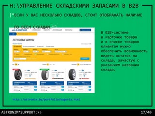 В B2B-системе
в карточке товара
и в списке товаров
клиентам нужно
обеспечить возможность
видеть остаток на
складе, зачастую с
указанием названия
склада.
ASTRONIM*SUPPORT:> 17/40
H:УПРАВЛЕНИЕ СКЛАДСКИМИ ЗАПАСАМИ В B2B
[“ЕСЛИ У ВАС НЕСКОЛЬКО СКЛАДОВ, СТОИТ ОТОБРАЖАТЬ НАЛИЧИЕ
ПО ВСЕМ СКЛАДАМ.”]
http://astronim.by/portfolio/bagoria.html
 