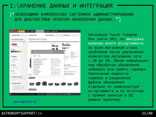 ASTRONIM*SUPPORT:> 21/40
I:ХРАНЕНИЕ ДАННЫХ И ИНТЕГРАЦИЯ
www.megatop.by
[“НЕОБХОДИМО КОМПЛЕКСНОЕ СИСТЕМНОЕ АДМИНИСТРИРОВАНИЕ
ДЛЯ ДИАГНОСТИКИ ПРОБЛЕМ ОБНОВЛЕНИЯ ДАННЫХ.”]
Несколько тысяч товаров
без учета SKU, но выгрузка
наличия всего ассортимента
по всем магазинам стала
проблемой после увеличения
количества магазинов сети
с 20 до 50. Объем информации
при обработке обновления
забивало всю память сервера.
Увеличение мощности
сервера и разделение
файлов обновления
отдельно по номенклатуре
ассортимента и по остаткам
с прямой записью в БД
решило проблему.
 