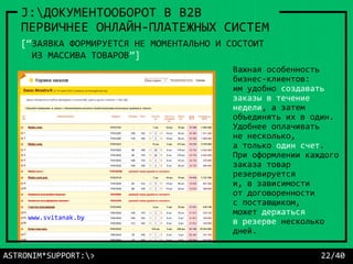 ASTRONIM*SUPPORT:> 22/40
J:ДОКУМЕНТООБОРОТ В B2B
ПЕРВИЧНЕЕ ОНЛАЙН-ПЛАТЕЖНЫХ СИСТЕМ
[“ЗАЯВКА ФОРМИРУЕТСЯ НЕ МОМЕНТАЛЬНО И СОСТОИТ
ИЗ МАССИВА ТОВАРОВ”]
Важная особенность
бизнес-клиентов:
им удобно создавать
заказы в течение
недели, а затем
объединять их в один.
Удобнее оплачивать
не несколько,
а только один счет.
При оформлении каждого
заказа товар
резервируется
и, в зависимости
от договоренности
с поставщиком,
может держаться
в резерве несколько
дней.
www.svitanak.by
 