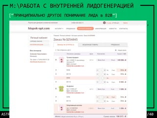 ASTRONIM*SUPPORT:> 27/40
M:РАБОТА С ВНУТРЕННЕЙ ЛИДОГЕНЕРАЦИЕЙ
В В2В-торговле актуально не столько ПРИВЛЕЧЕНИЕ внешних клиентов,
сколько более ЭФФЕКТИВНОЕ обслуживание текущих.
[“ПРИНЦИПИАЛЬНО ДРУГОЕ ПОНИМАНИЕ ЛИДА в B2B”]
www.hlopok-opt.ru
 