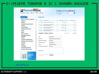 ASTRONIM*SUPPORT:> 30/40
O:РЕЗЕРВ ТОВАРОВ В 1С С ОНЛАЙН-ЗАКАЗОВ
www.bereg.by
 