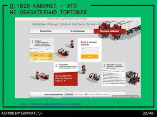 ASTRONIM*SUPPORT:> 32/40
Q:B2B-КАБИНЕТ — ЭТО
НЕ ОБЯЗАТЕЛЬНО ТОРГОВЛЯ
http://astronim.by/portfolio/ita.html
 