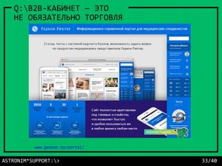 ASTRONIM*SUPPORT:> 33/40
Q:B2B-КАБИНЕТ — ЭТО
НЕ ОБЯЗАТЕЛЬНО ТОРГОВЛЯ
www.gedeon.by/portal/
 