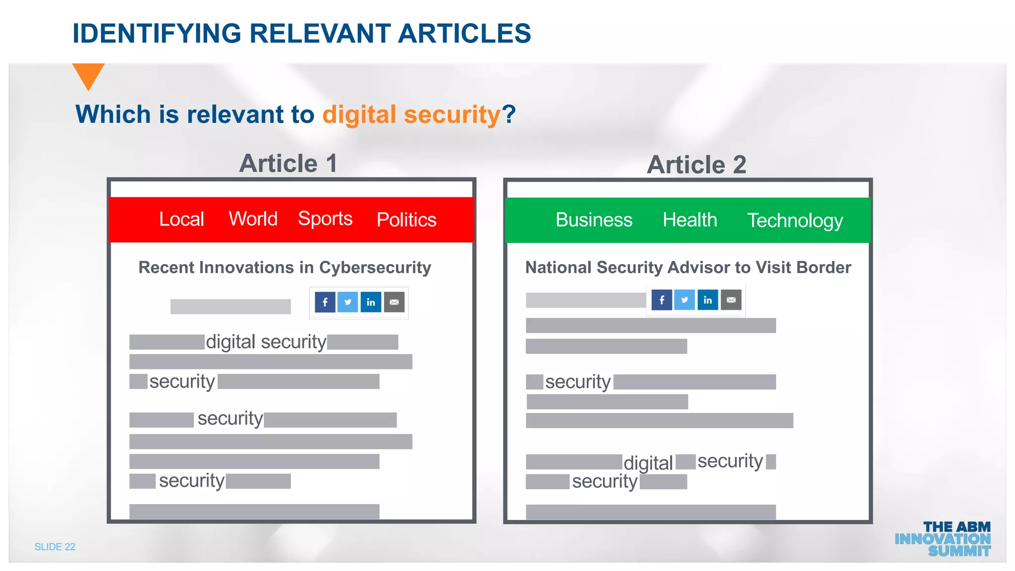 SLIDE 22
IDENTIFYING RELEVANT ARTICLES
Which is relevant to digital security?
Article 1 Article 2
Local World Sports Politics Business Health Technology
digital security
security
security
security security
security
security
digital
National Security Advisor to Visit BorderRecent Innovations in Cybersecurity
 