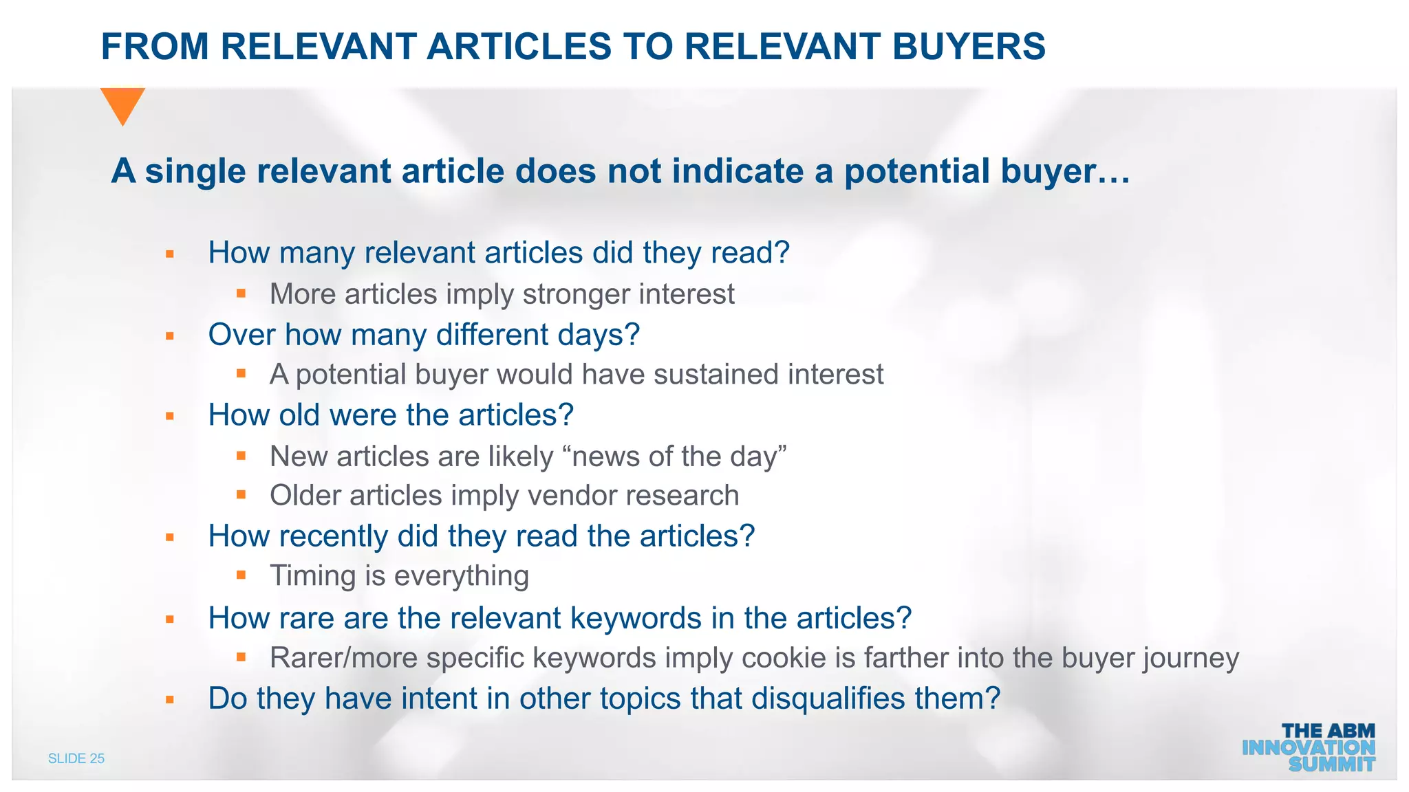 SLIDE 25
FROM RELEVANT ARTICLES TO RELEVANT BUYERS
A single relevant article does not indicate a potential buyer…
§ How many relevant articles did they read?
§ More articles imply stronger interest
§ Over how many different days?
§ A potential buyer would have sustained interest
§ How old were the articles?
§ New articles are likely “news of the day”
§ Older articles imply vendor research
§ How recently did they read the articles?
§ Timing is everything
§ How rare are the relevant keywords in the articles?
§ Rarer/more specific keywords imply cookie is farther into the buyer journey
§ Do they have intent in other topics that disqualifies them?
 