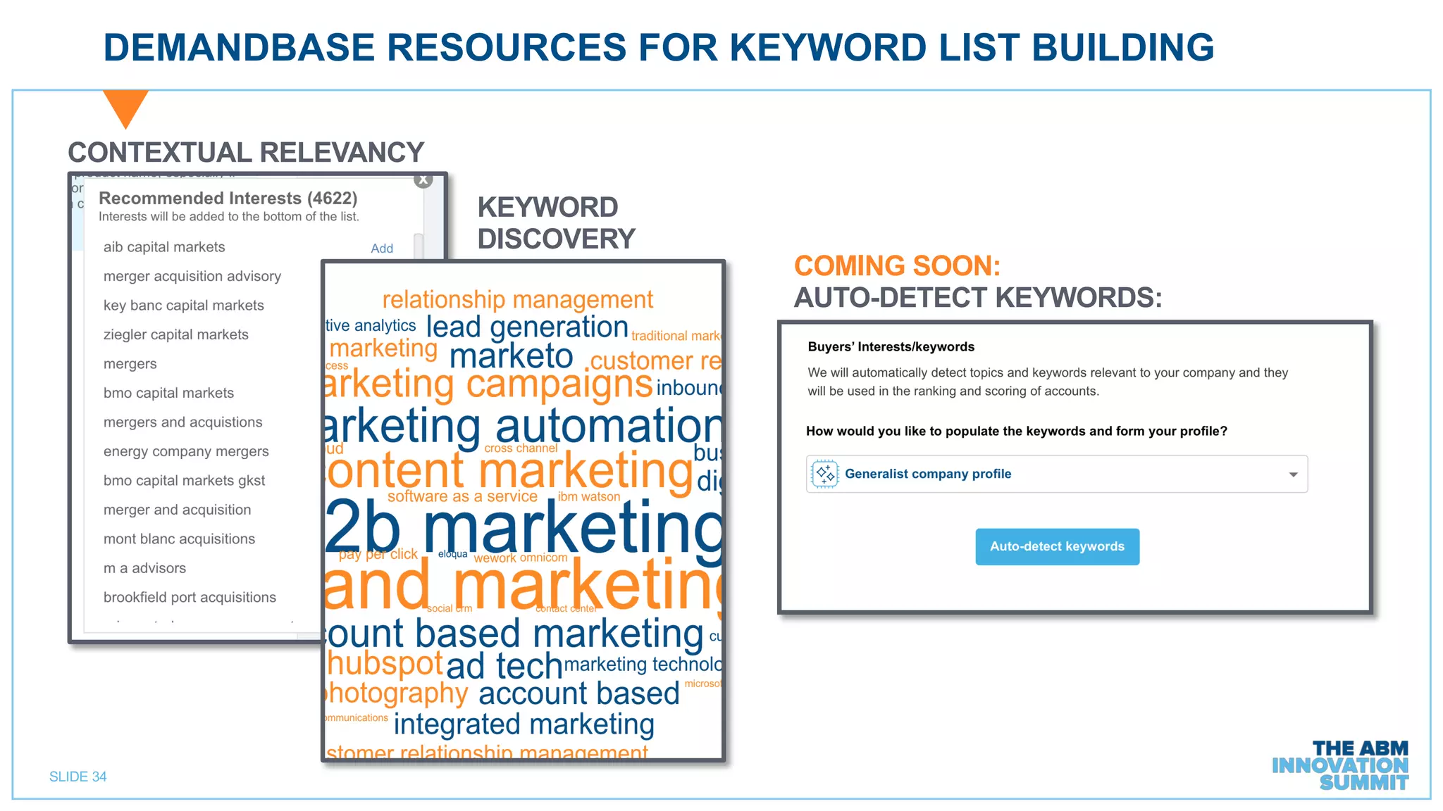 SLIDE 34
DEMANDBASE RESOURCES FOR KEYWORD LIST BUILDING
CONTEXTUAL RELEVANCY
KEYWORD
DISCOVERY
COMING SOON:
AUTO-DETECT KEYWORDS:
 