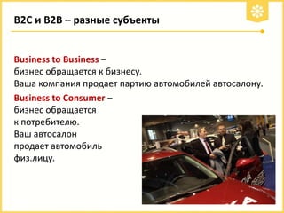 В2С и В2В – разные субъекты

Business to Business –
бизнес обращается к бизнесу.
Ваша компания продает партию автомобилей автосалону.
Business to Consumer –
бизнес обращается
к потребителю.
Ваш автосалон
продает автомобиль
физ.лицу.

 