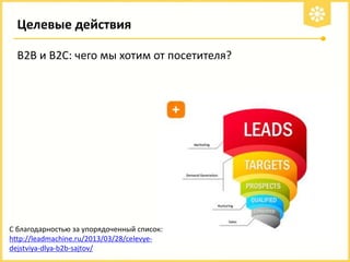 Целевые действия
В2В и В2С: чего мы хотим от посетителя?

С благодарностью за упорядоченный список:
http://leadmachine.ru/2013/03/28/celevyedejstviya-dlya-b2b-sajtov/

 