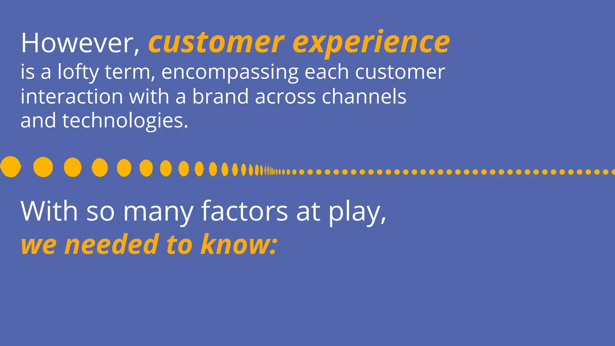 However, customer experience
is a lofty term, encompassing each customer
interaction with a brand across channels
and technologies.
With so many factors at play,
we needed to know:
 