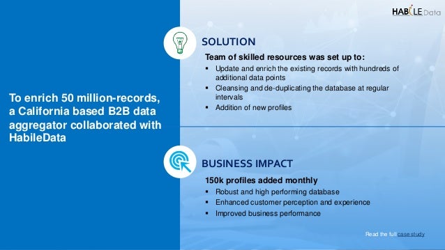 SOLUTION
Team of skilled resources was set up to:
 Update and enrich the existing records with hundreds of
additional data points
 Cleansing and de-duplicating the database at regular
intervals
 Addition of new profiles
Read the full case study
To enrich 50 million-records,
a California based B2B data
aggregator collaborated with
HabileData
BUSINESS IMPACT
150k profiles added monthly
 Robust and high performing database
 Enhanced customer perception and experience
 Improved business performance
 