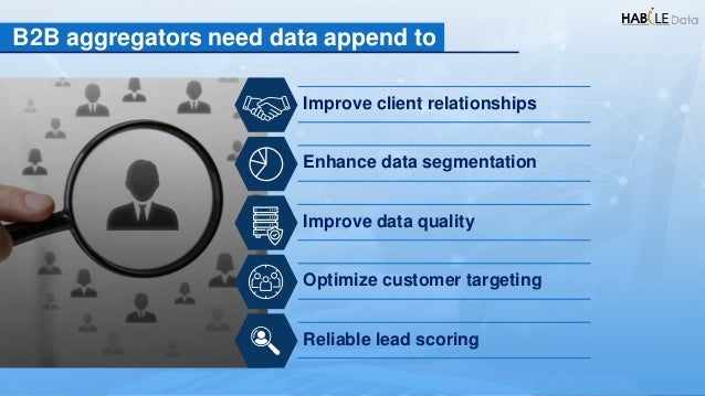 Improve client relationships
B2B aggregators need data append to
Enhance data segmentation
Improve data quality
Optimize customer targeting
Reliable lead scoring
 