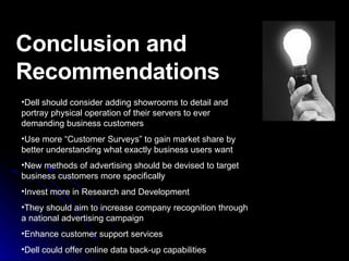 Conclusion and Recommendations Dell should consider adding showrooms to detail and  portray physical operation of their servers to ever demanding business customers Use more “Customer Surveys” to gain market share by better understanding what exactly business users want  New methods of advertising should be devised to target business customers more specifically  Invest more in Research and Development  They should aim to increase company recognition through a national advertising campaign  Enhance customer support services  Dell could offer online data back-up capabilities  