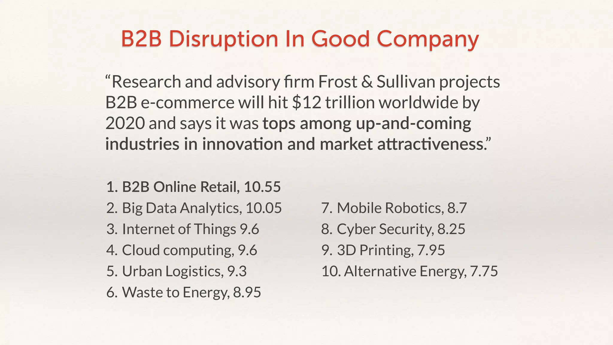 B2B Disruption In Good Company 
“Research and advisory firm Frost & Sullivan projects 
B2B e-commerce will hit $12 trillion worldwide by 
2020 and says it was tops among up-­‐and-­‐coming 
industries in innova2on and market a4rac2veness.” 
1. B2B Online Retail, 10.55 
2. Big Data Analytics, 10.05 
3. Internet of Things 9.6 
4. Cloud computing, 9.6 
5. Urban Logistics, 9.3 
6. Waste to Energy, 8.95 
7. Mobile Robotics, 8.7 
8. Cyber Security, 8.25 
9. 3D Printing, 7.95 
10. Alternative Energy, 7.75 
 