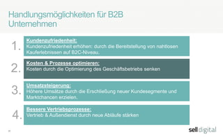 17
Handlungsmöglichkeiten für B2B
Unternehmen
Kundenzufriedenheit:
Kundenzufriedenheit erhöhen: durch die Bereitstellung von nahtlosen
Kauferlebnissen auf B2C-Niveau.
1.
2.
3.
Umsatzsteigerung:
Höhere Umsätze durch die Erschließung neuer Kundesegmente und
Marktchancen erzielen.
Kosten & Prozesse optimieren:
Kosten durch die Optimierung des Geschäftsbetriebs senken
Bessere Vertriebsprozesse:
Vertrieb & Außendienst durch neue Abläufe stärken4.
 