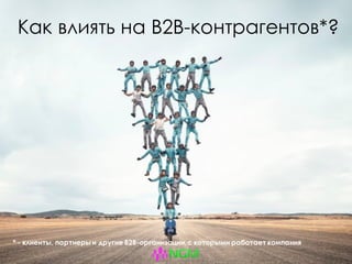 Как влиять на B2B-контрагентов*?
* - клиенты, партнеры и другие B2B-организации,с которыми работаеткомпания
 